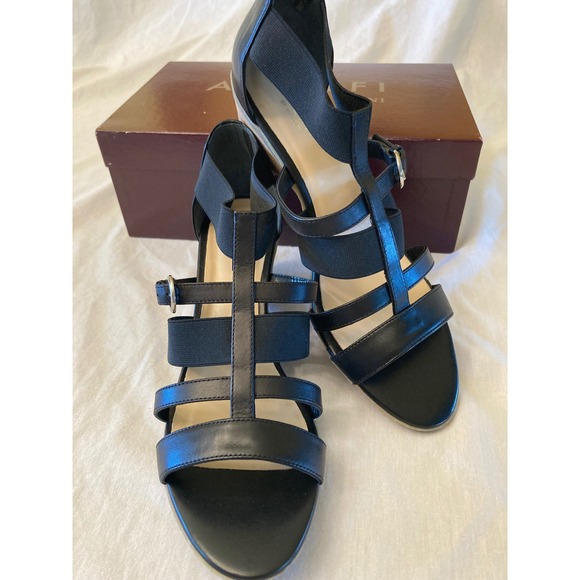 Amalfi by Rangoni Black Leather Elastic Strappy Wedge Sandals 9.5M - Picture 1 of 9